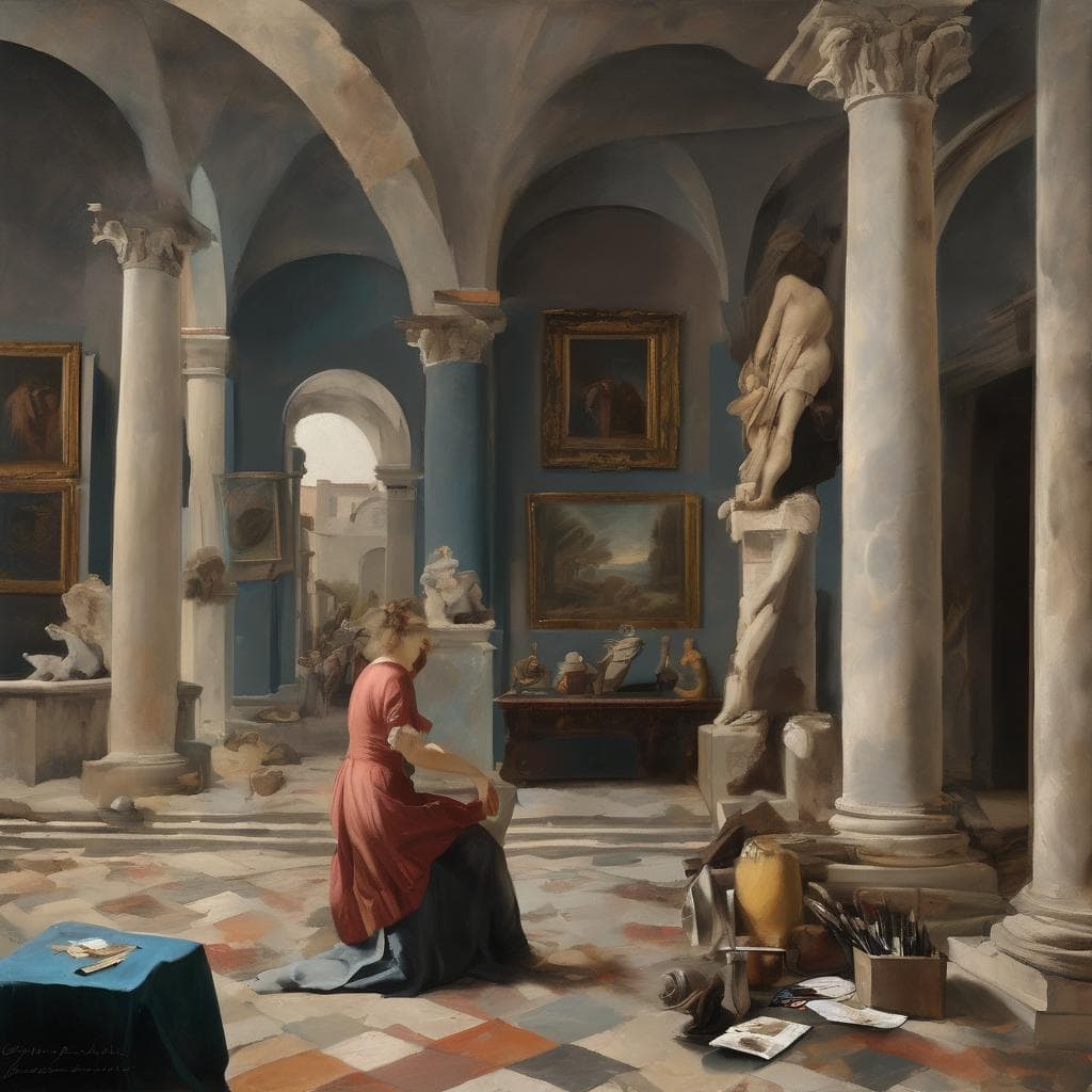 Ανθρώπινη γυναίκα ζωγραφίζοντας σε γκαλερί με έργα τέχνης, κλασικά ανθρώπινα πόδια και πίνακες τοπίου, ρομαντική τέχνη, καλλιτεχνικές προσωπικότητες.
