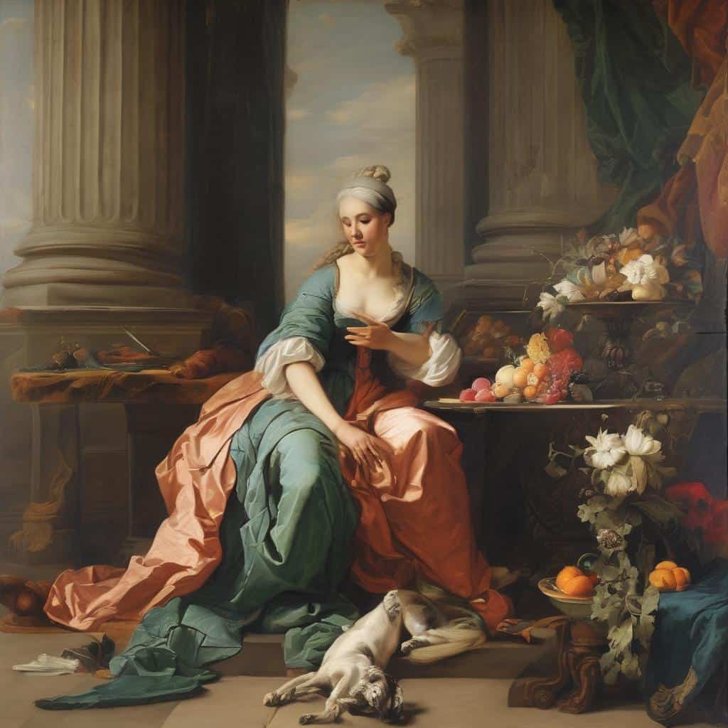 Νεαρή γυναίκα σε κλασική καλλιτεχνική προσωπογραφία, ανάμεσα σε λουλούδια και φρούτα, με ρομαντικό ύφος, από την εποχή του 18ου αιώνα.