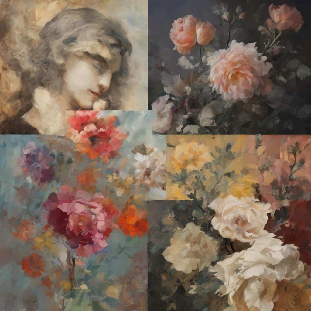 Εντυπωσιακές καλλιτεχνικές προσωπογραφίες και λουλούδια σε ζωγραφική έκφραση, έκφραση τέχνης και δημιουργικότητας.